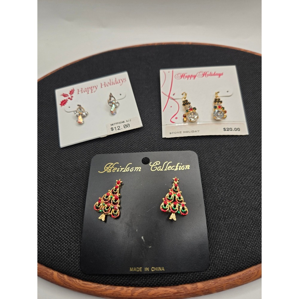 3 Pair Christmas Earrings Heirloom Collection Snowman Angel Tree Holiday Bundle
